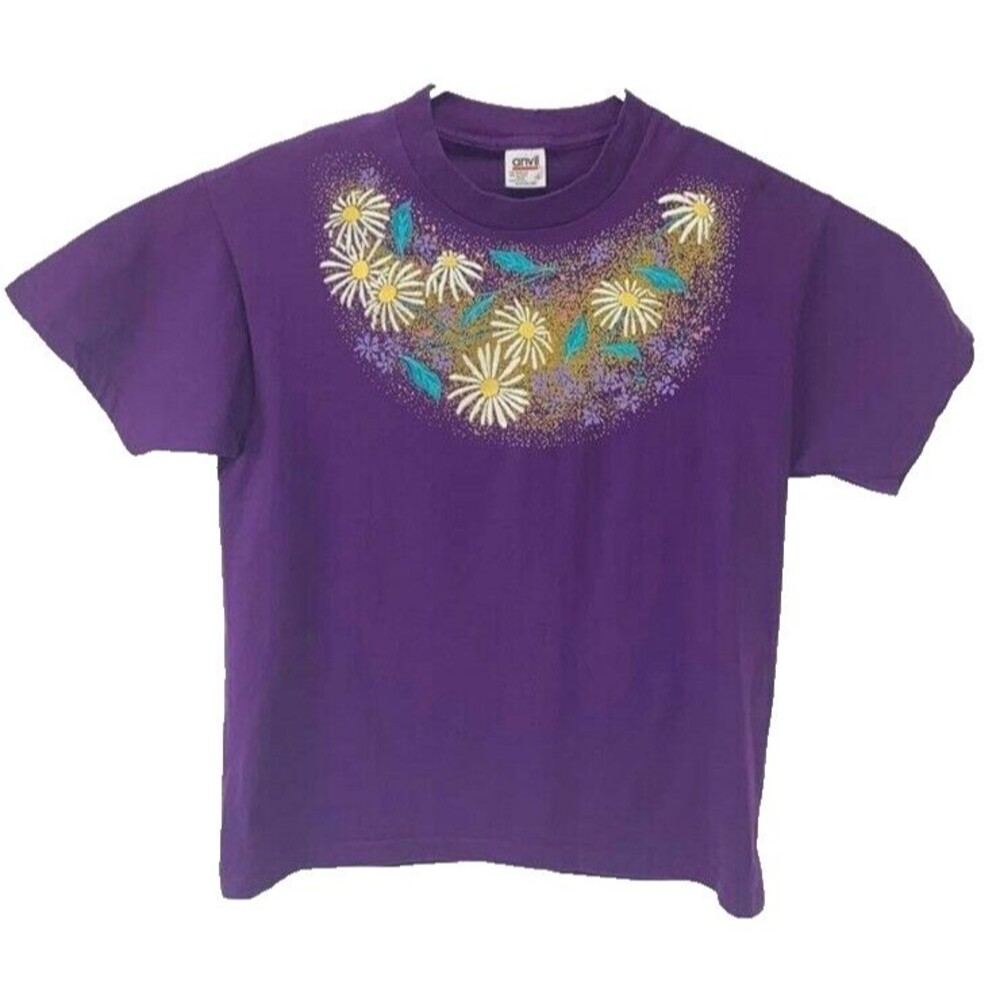 Anvil Purple with Daisies T Shirt Size Large   Made in the USA